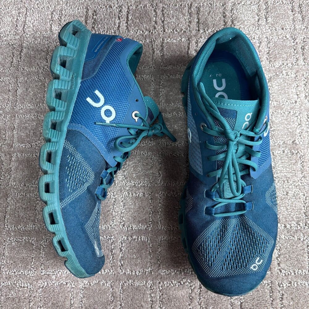 On Running Cloud X Sneakers Mens 8.5 Teal Blue Lace Up Train Athletic Mesh Gym